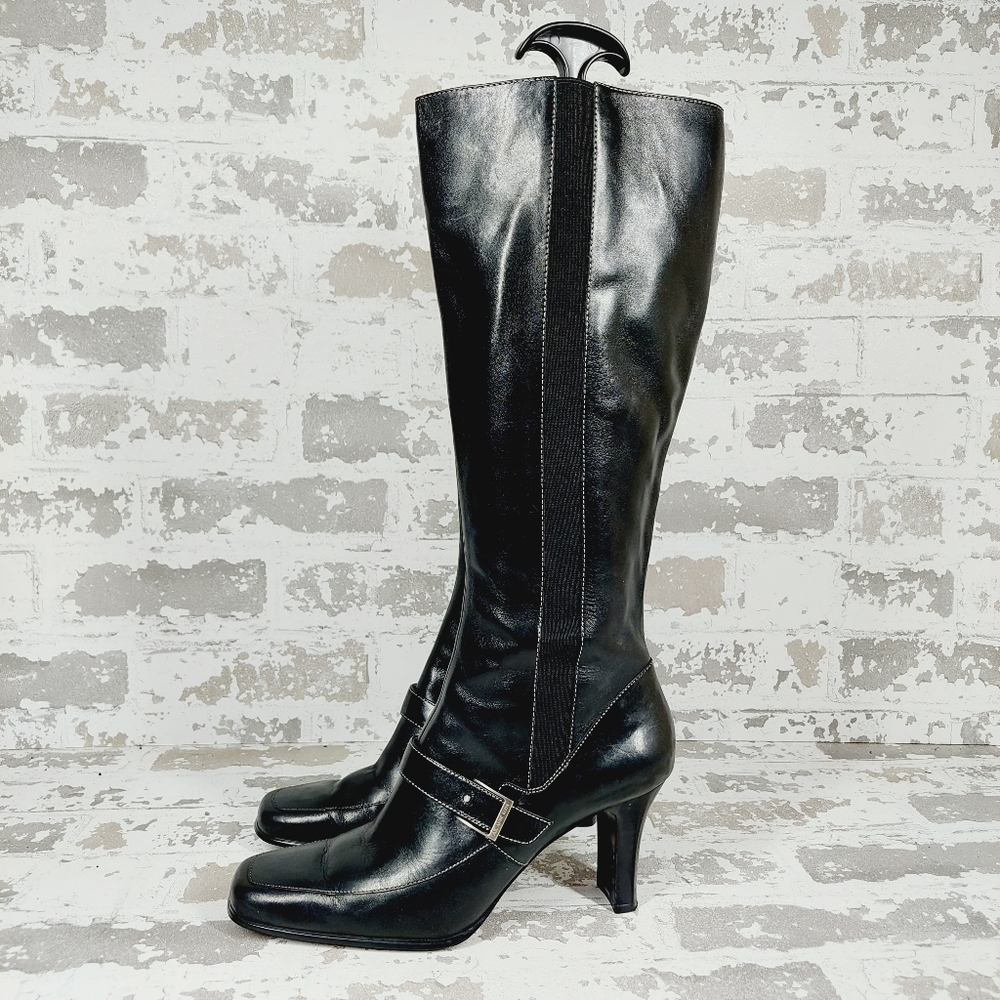 Anne Klein Madina Black Leather Knee High Square Toe Zip Up Boots O471